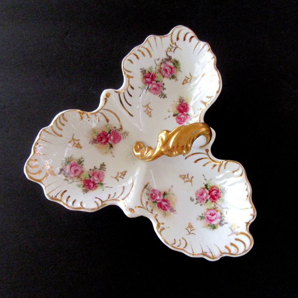 White porcelain gold trimmed 3 section candy or bon bon dish -lavender roses